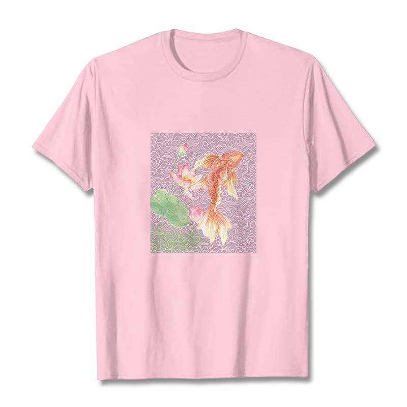 Buddha Stones Koi Ryba Lotos Kombinacja Bawełniana Koszulka T-shirt - Jasnoróżowy - 2XL - image 18