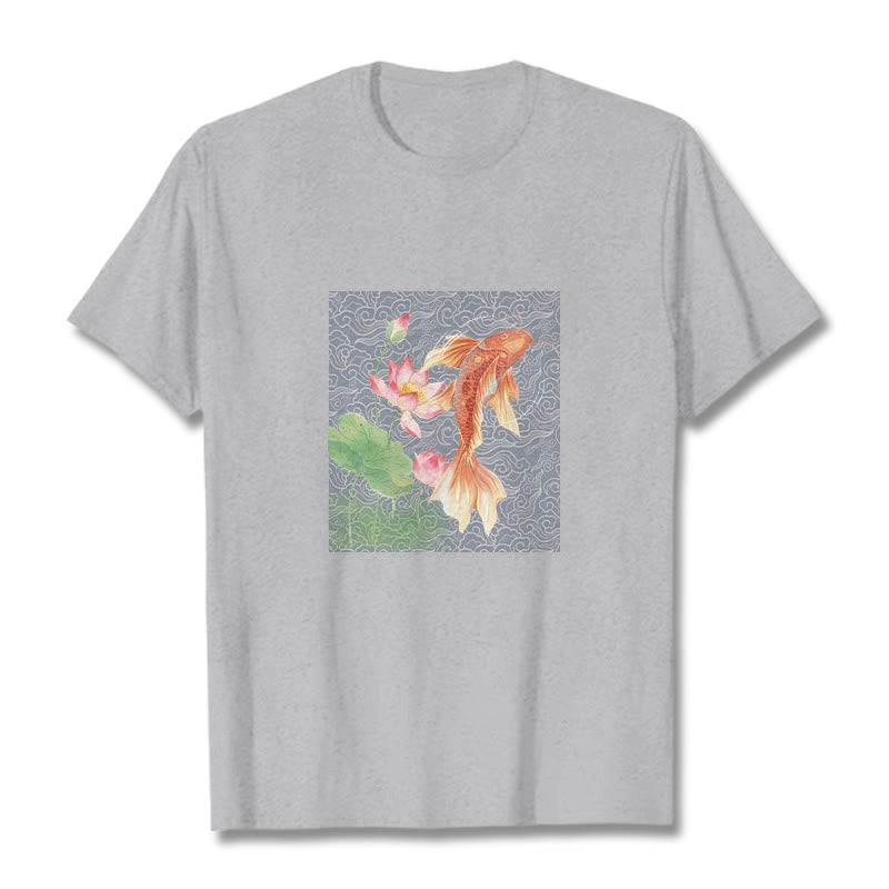 Buddha Stones Koi Ryba Lotos Kombinacja Bawełniana Koszulka T-shirt - Jasnoszary - 2XL - image 11