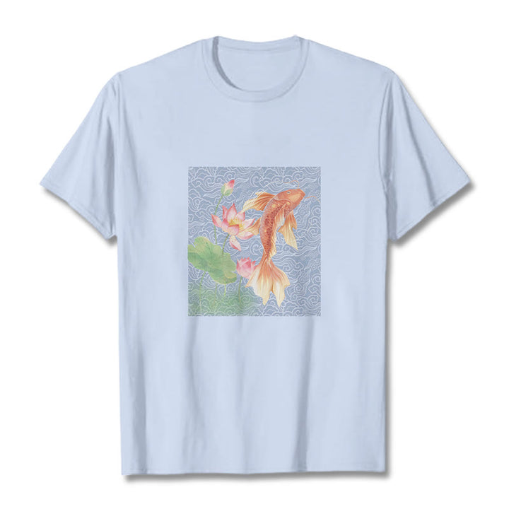 Buddha Stones Koi Ryba Lotos Kombinacja Bawełniana Koszulka T-shirt - Jasnoniebieski - 2XL - image 0