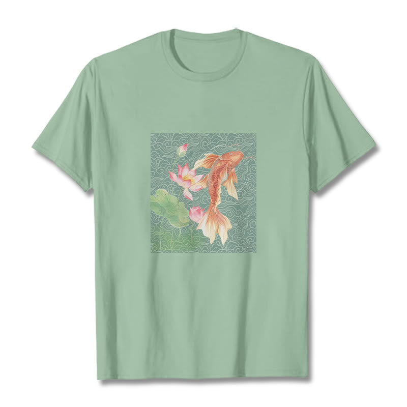 Buddha Stones Koi Ryba Lotos Kombinacja Bawełniana Koszulka T-shirt - PaleGreen - 2XL - image 14