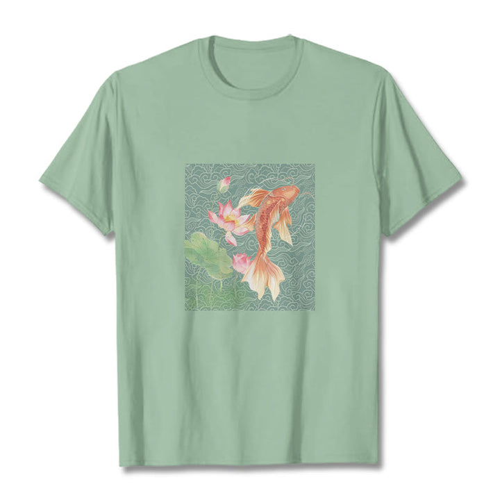 Buddha Stones Koi Ryba Lotos Kombinacja Bawełniana Koszulka T-shirt - PaleGreen - 2XL - image 14