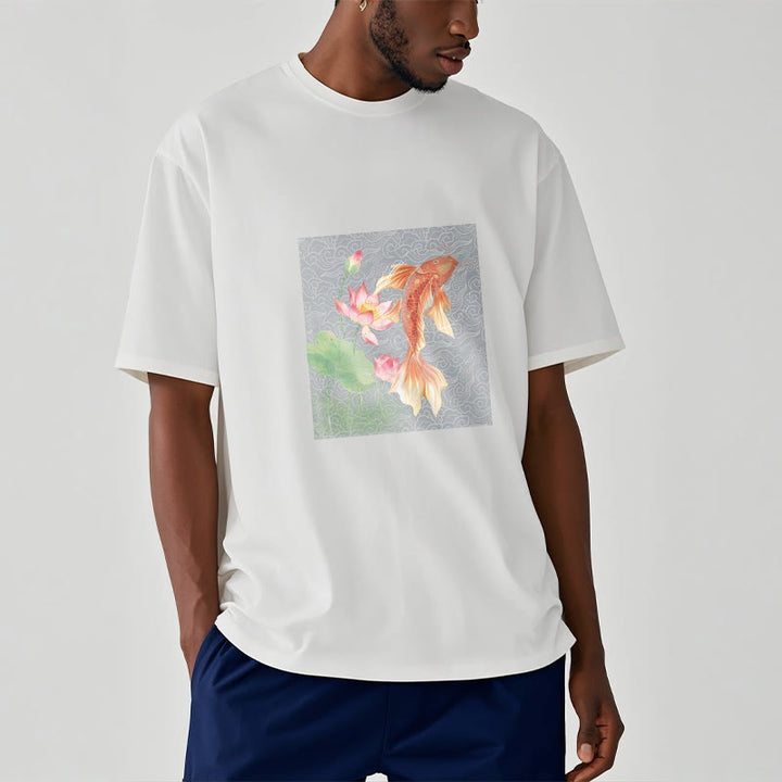 Buddha Stones Koi Ryba Lotos Kombinacja Bawełniana Koszulka T-shirt - image 4