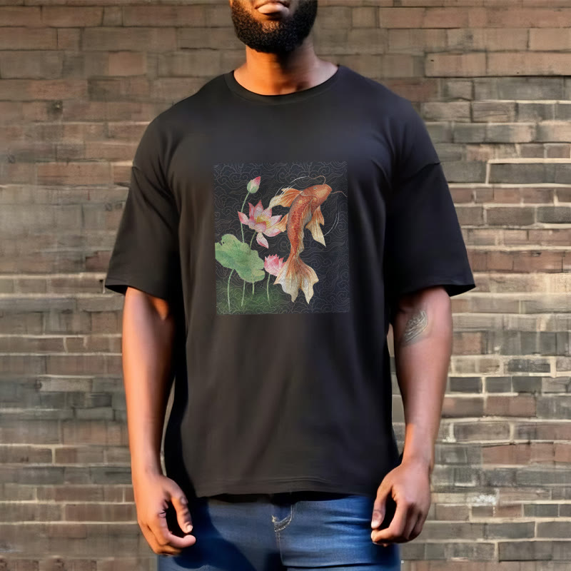 Buddha Stones Koi Ryba Lotos Kombinacja Bawełniana Koszulka T-shirt - image 6