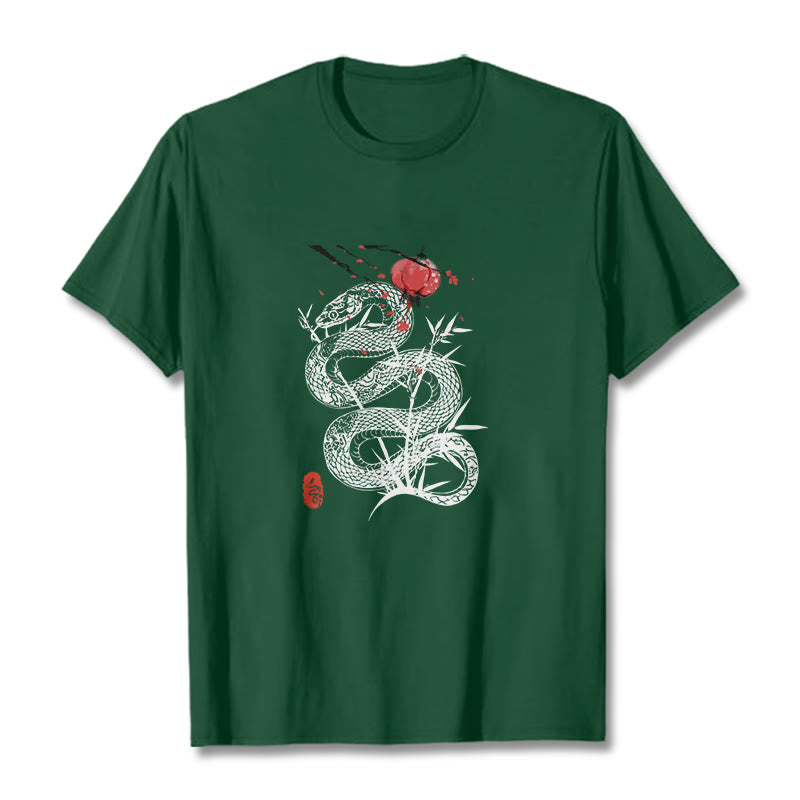 Koszulka z nadrukiem Buddha Stones Latarnia Bambus Liście Wąż Wzór Bawełna T-shirt - ForestGreen - 2XL - image 9