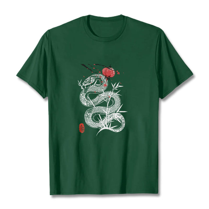 Koszulka z nadrukiem Buddha Stones Latarnia Bambus Liście Wąż Wzór Bawełna T-shirt - ForestGreen - 2XL - image 9