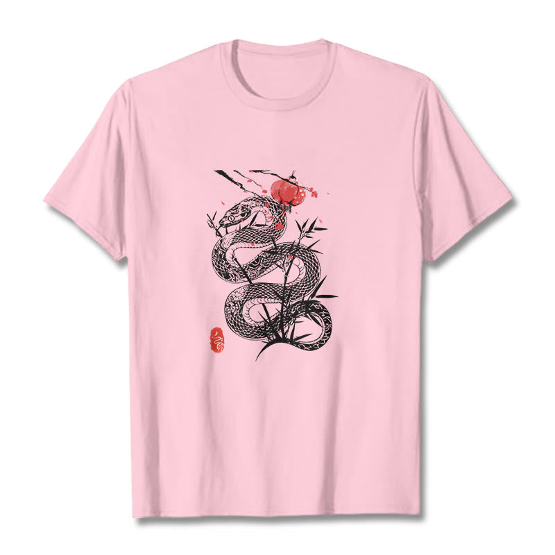 Koszulka z nadrukiem Buddha Stones Latarnia Bambus Liście Wąż Wzór Bawełna T-shirt - Jasnoróżowy - 2XL - image 18