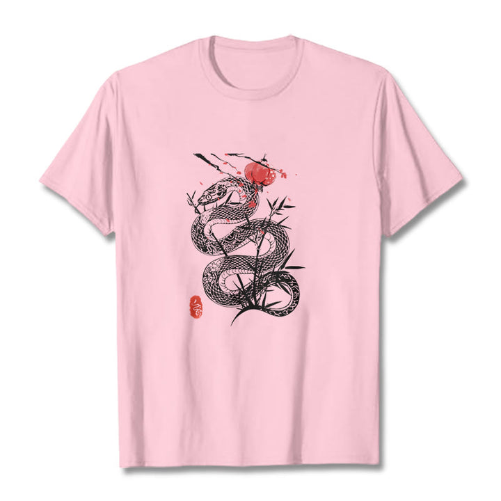 Koszulka z nadrukiem Buddha Stones Latarnia Bambus Liście Wąż Wzór Bawełna T-shirt - Jasnoróżowy - 2XL - image 18