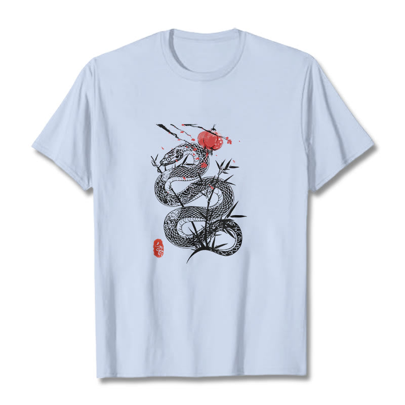 Koszulka z nadrukiem Buddha Stones Latarnia Bambus Liście Wąż Wzór Bawełna T-shirt - Jasnoniebieski - 2XL - image 5