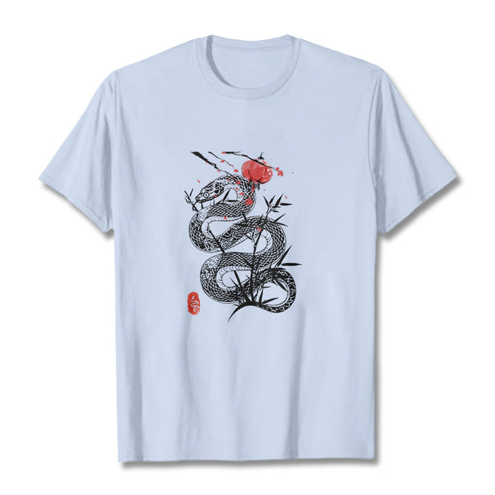 Koszulka z nadrukiem Buddha Stones Latarnia Bambus Liście Wąż Wzór Bawełna T-shirt - Jasnoniebieski - 2XL - image 5