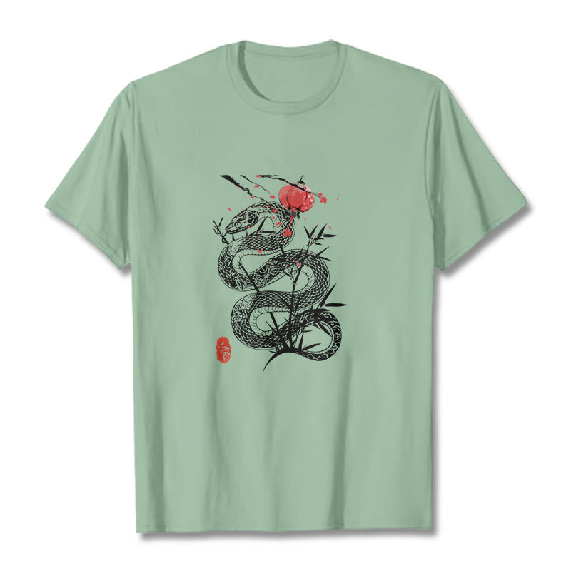 Koszulka z nadrukiem Buddha Stones Latarnia Bambus Liście Wąż Wzór Bawełna T-shirt - PaleGreen - 2XL - image 14