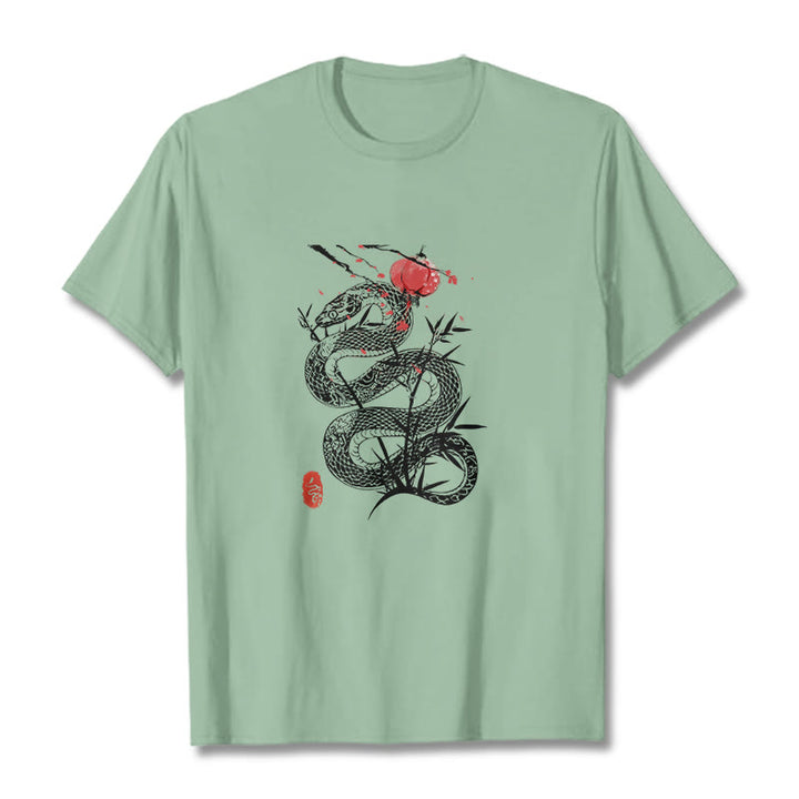 Koszulka z nadrukiem Buddha Stones Latarnia Bambus Liście Wąż Wzór Bawełna T-shirt - PaleGreen - 2XL - image 14