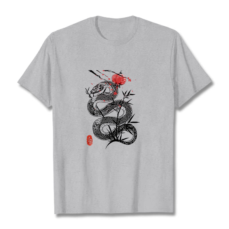 Koszulka z nadrukiem Buddha Stones Latarnia Bambus Liście Wąż Wzór Bawełna T-shirt - Jasnoszary - 2XL - image 11
