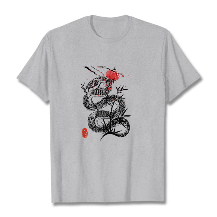 Koszulka z nadrukiem Buddha Stones Latarnia Bambus Liście Wąż Wzór Bawełna T-shirt - Jasnoszary - 2XL - image 11
