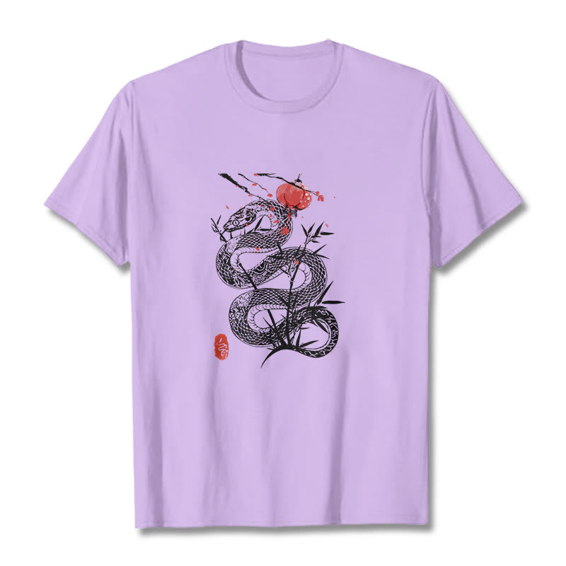 Koszulka z nadrukiem Buddha Stones Latarnia Bambus Liście Wąż Wzór Bawełna T-shirt - Śliwka - 2XL - image 16