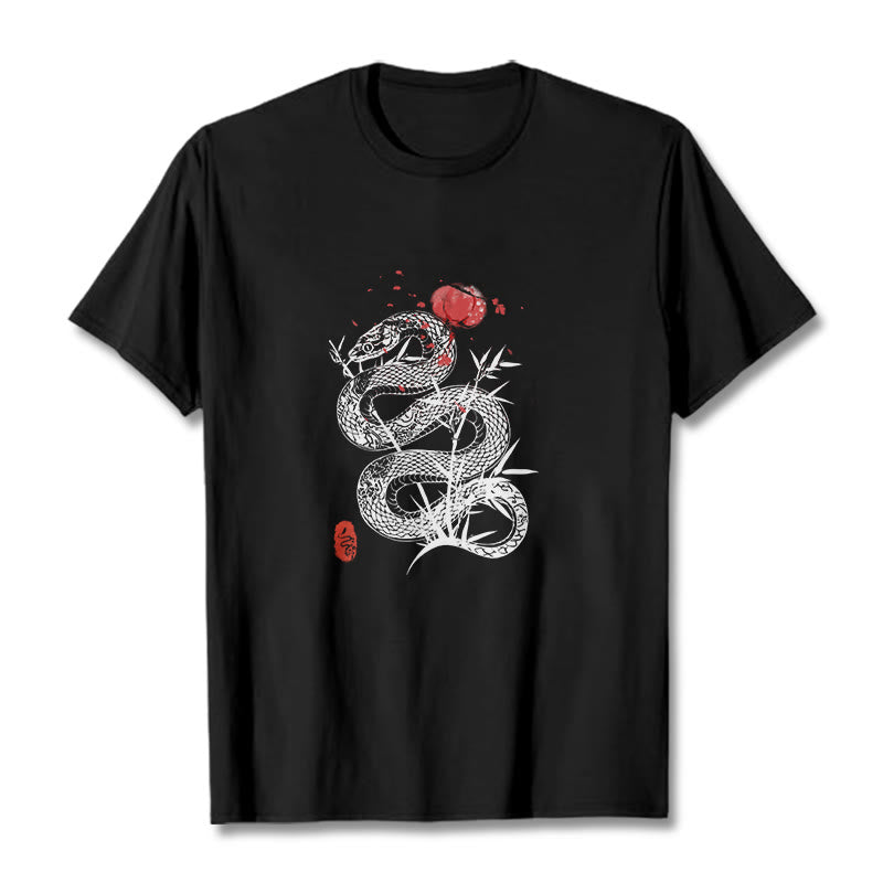Koszulka z nadrukiem Buddha Stones Latarnia Bambus Liście Wąż Wzór Bawełna T-shirt - Czarny - 2XL - image 0