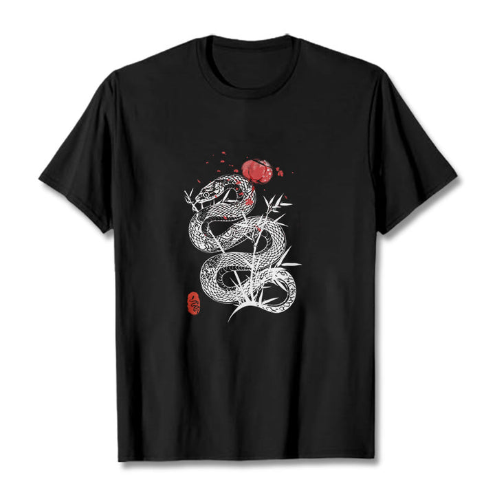 Koszulka z nadrukiem Buddha Stones Latarnia Bambus Liście Wąż Wzór Bawełna T-shirt - Czarny - 2XL - image 0