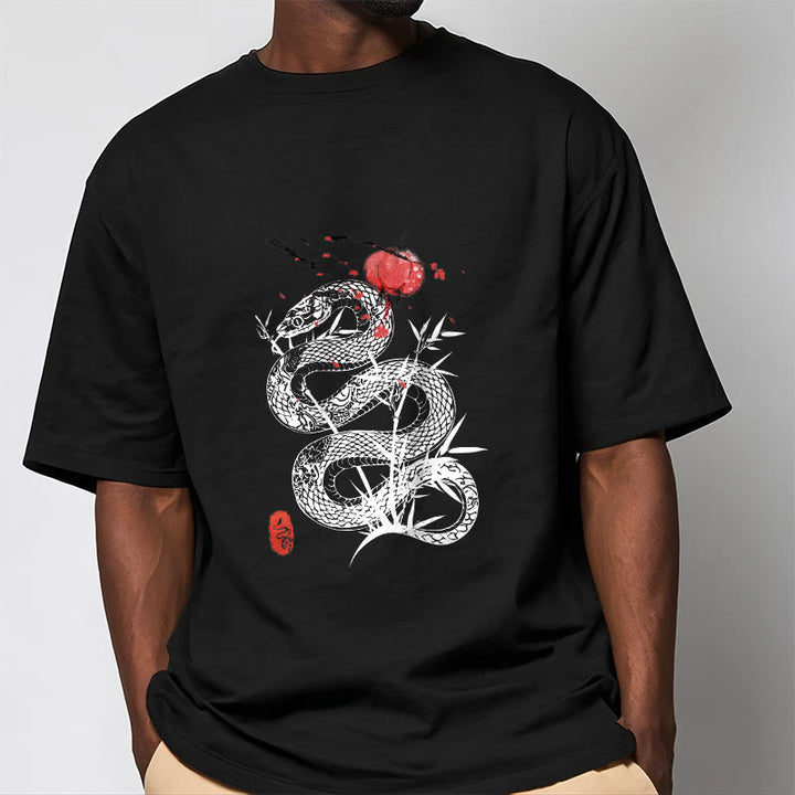 Koszulka z nadrukiem Buddha Stones Latarnia Bambus Liście Wąż Wzór Bawełna T-shirt - image 2