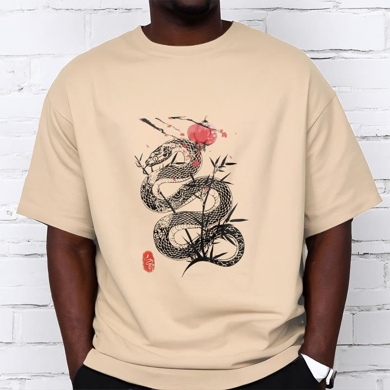 Koszulka z nadrukiem Buddha Stones Latarnia Bambus Liście Wąż Wzór Bawełna T-shirt - image 13