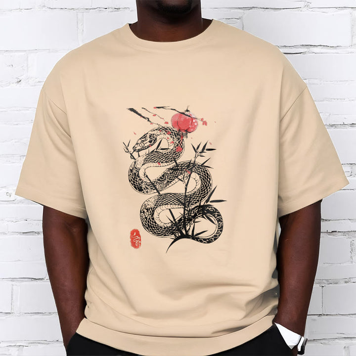 Koszulka z nadrukiem Buddha Stones Latarnia Bambus Liście Wąż Wzór Bawełna T-shirt - image 13
