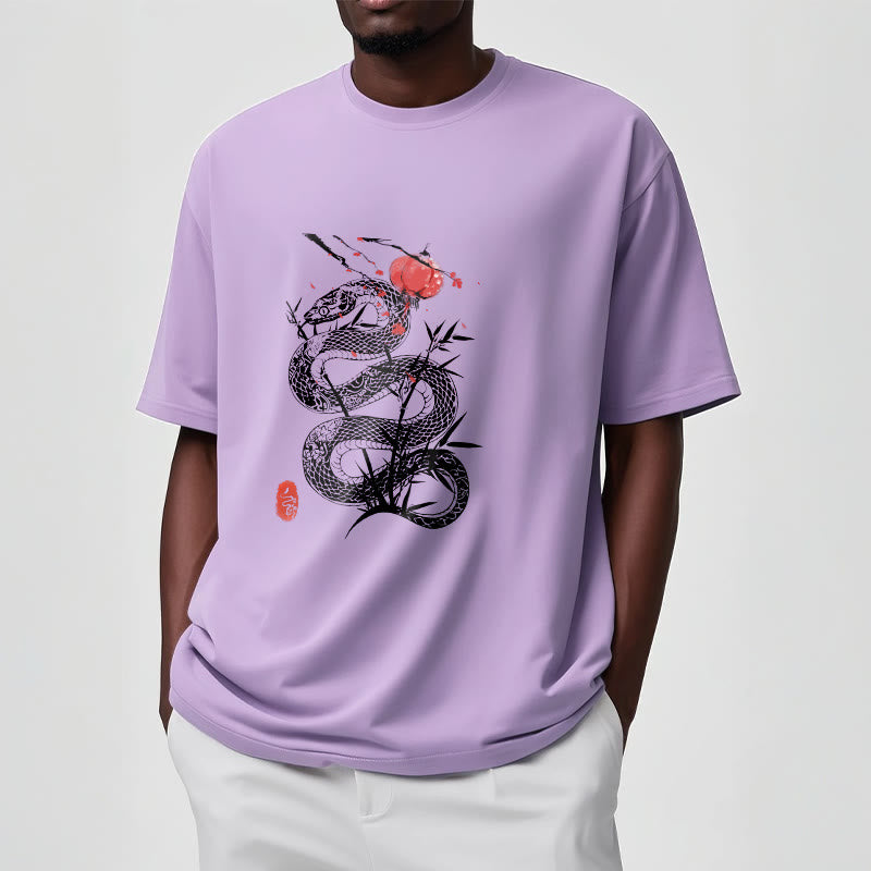Koszulka z nadrukiem Buddha Stones Latarnia Bambus Liście Wąż Wzór Bawełna T-shirt - image 17