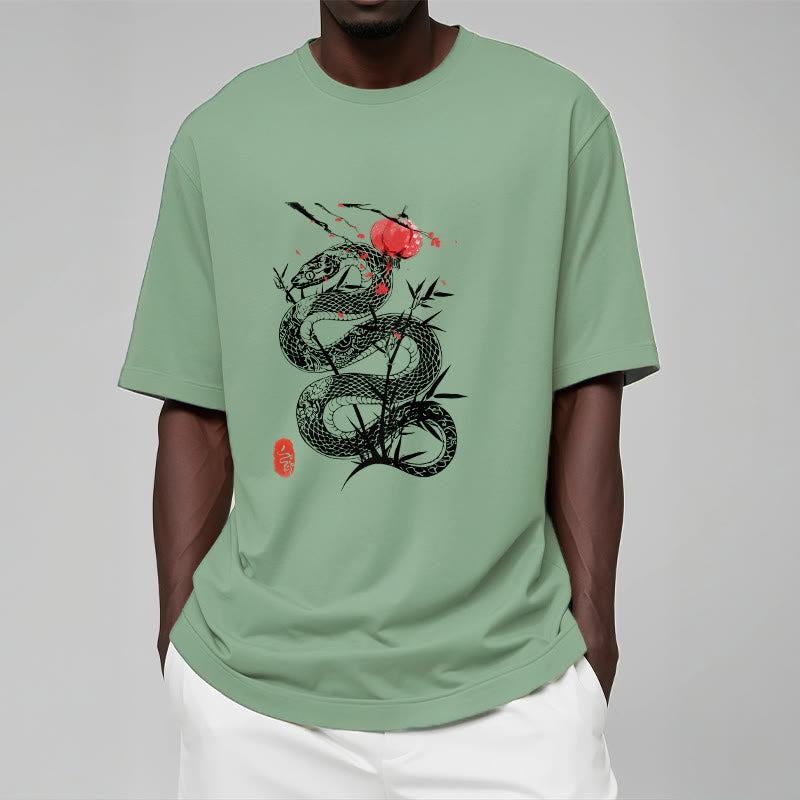 Koszulka z nadrukiem Buddha Stones Latarnia Bambus Liście Wąż Wzór Bawełna T-shirt - image 15