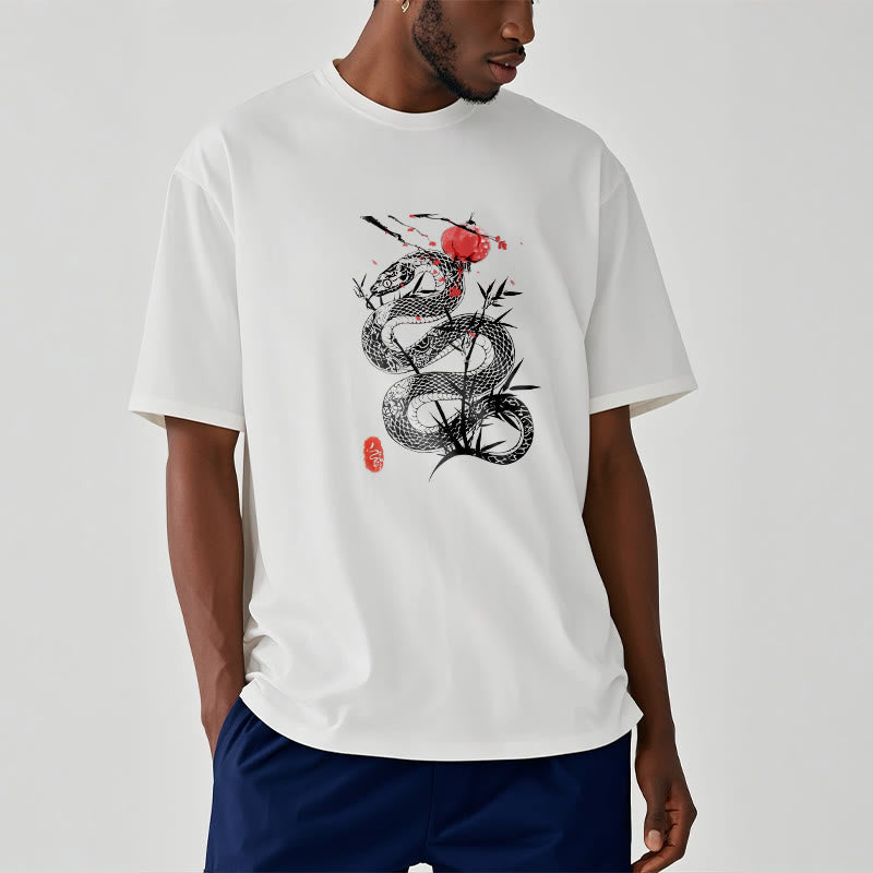 Koszulka z nadrukiem Buddha Stones Latarnia Bambus Liście Wąż Wzór Bawełna T-shirt - Biały - 2XL - image 7