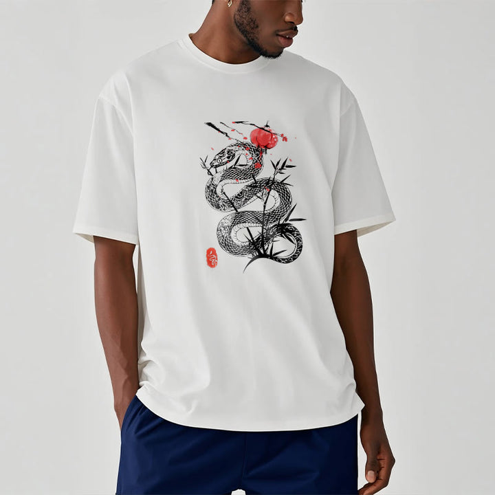 Koszulka z nadrukiem Buddha Stones Latarnia Bambus Liście Wąż Wzór Bawełna T-shirt - Biały - 2XL - image 7