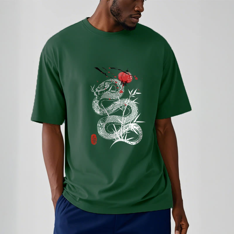 Koszulka z nadrukiem Buddha Stones Latarnia Bambus Liście Wąż Wzór Bawełna T-shirt - image 10