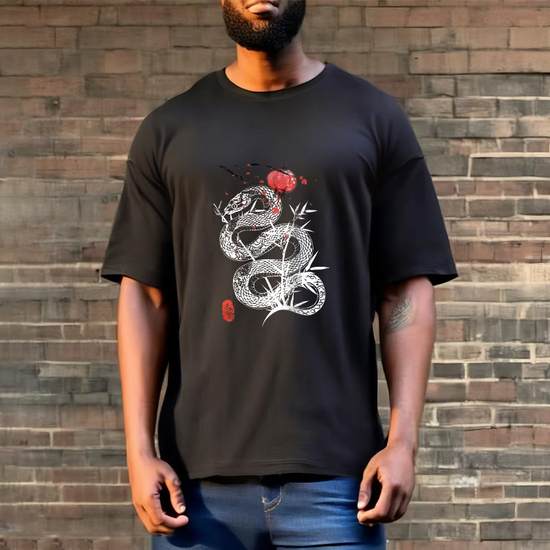 Koszulka z nadrukiem Buddha Stones Latarnia Bambus Liście Wąż Wzór Bawełna T-shirt - image 1