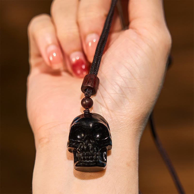 Buddha Stones Czarny Obsydian Sznurek Szmashana Szkielet Spełnienie Naszyjnik Wisiorek
