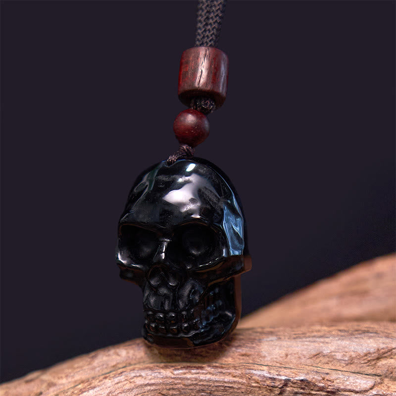 Buddha Stones Czarny Obsydian Sznurek Szmashana Szkielet Spełnienie Naszyjnik Wisiorek