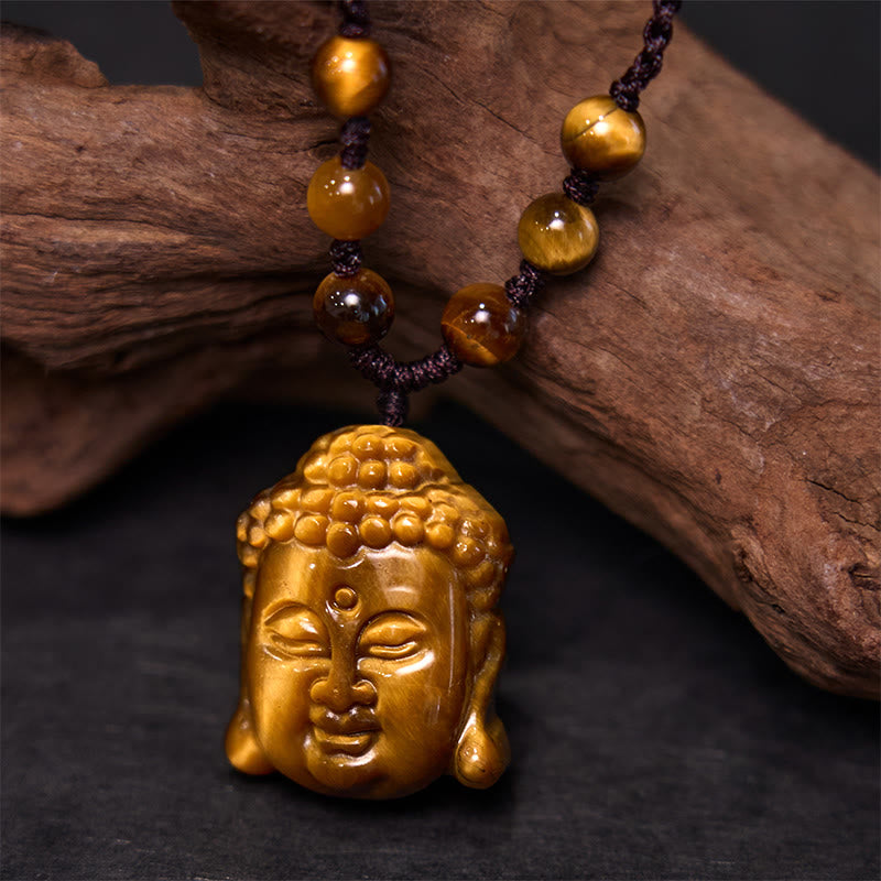 Buddha Stones Tygrysie Oko Sznurek Głowa Buddy Odwaga Naszyjnik Wisiorek - Tygrysie oko, czterożyłowy brązowy sznurek - image 10