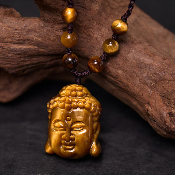 Buddha Stones Tygrysie Oko Sznurek Głowa Buddy Odwaga Naszyjnik Wisiorek - Tygrysie oko, czterożyłowy brązowy sznurek - image 10