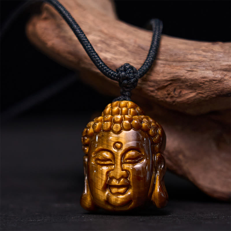 Buddha Stones Tygrysie Oko Sznurek Głowa Buddy Odwaga Naszyjnik Wisiorek - Czarny sznurek tygrysiego oka - image 1