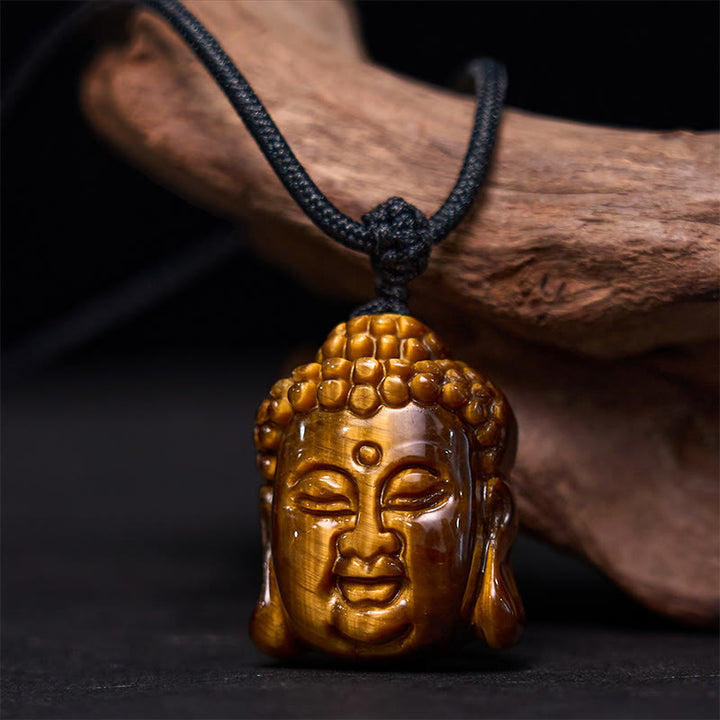 Buddha Stones Tygrysie Oko Sznurek Głowa Buddy Odwaga Naszyjnik Wisiorek - Czarny sznurek tygrysiego oka - image 1