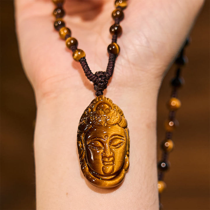 Buddha Stones Tygrysie Oko Kwan Yin Awalokiteśwara Głowa Sznur Siła Naszyjnik Wisiorek