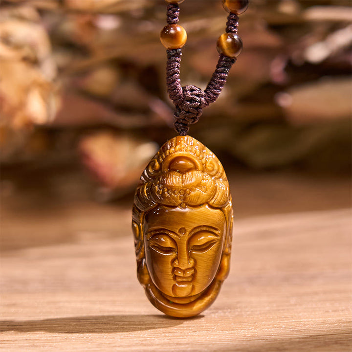 Buddha Stones Tygrysie Oko Kwan Yin Awalokiteśwara Głowa Sznur Siła Naszyjnik Wisiorek