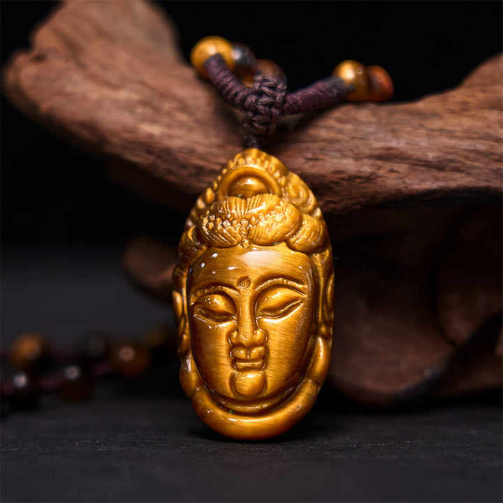 Buddha Stones Tygrysie Oko Kwan Yin Awalokiteśwara Głowa Sznur Siła Naszyjnik Wisiorek