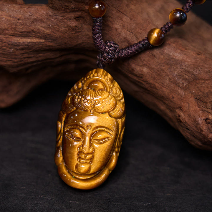 Buddha Stones Tygrysie Oko Kwan Yin Awalokiteśwara Głowa Sznur Siła Naszyjnik Wisiorek