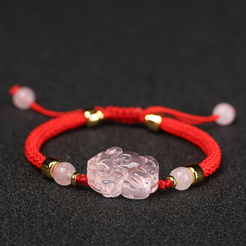 Bransoletka z różowym kryształem i Buddha Stones PiXiu Wealth String Braided