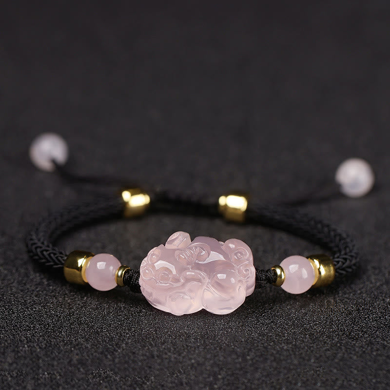 Bransoletka z różowym kryształem i Buddha Stones PiXiu Wealth String Braided