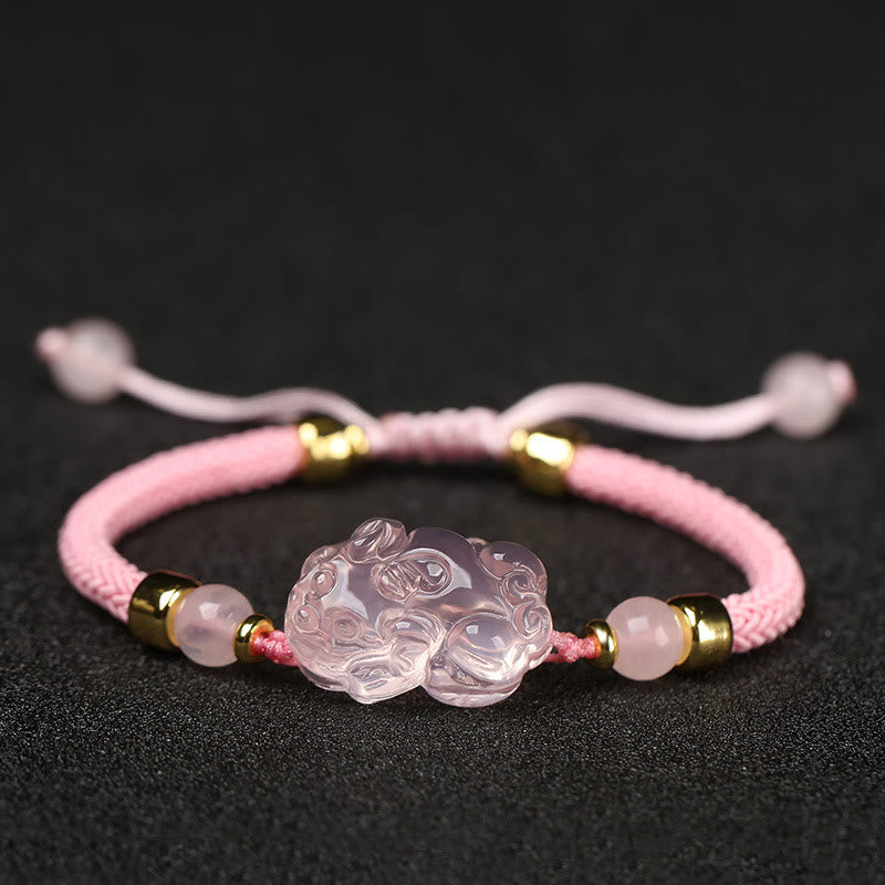 Bransoletka z różowym kryształem i Buddha Stones PiXiu Wealth String Braided