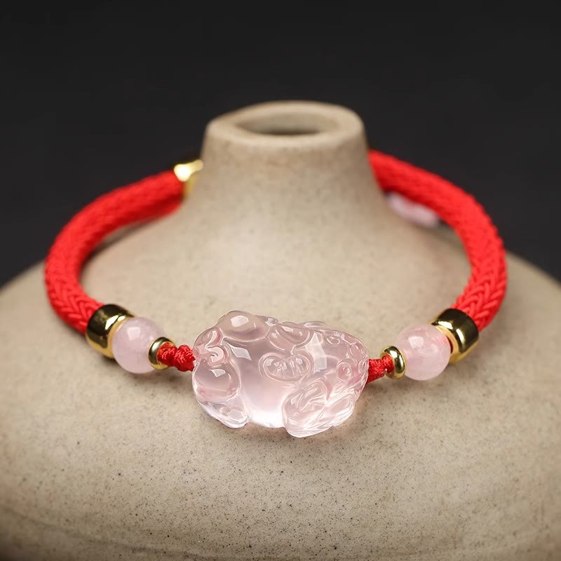 Bransoletka z różowym kryształem i Buddha Stones PiXiu Wealth String Braided