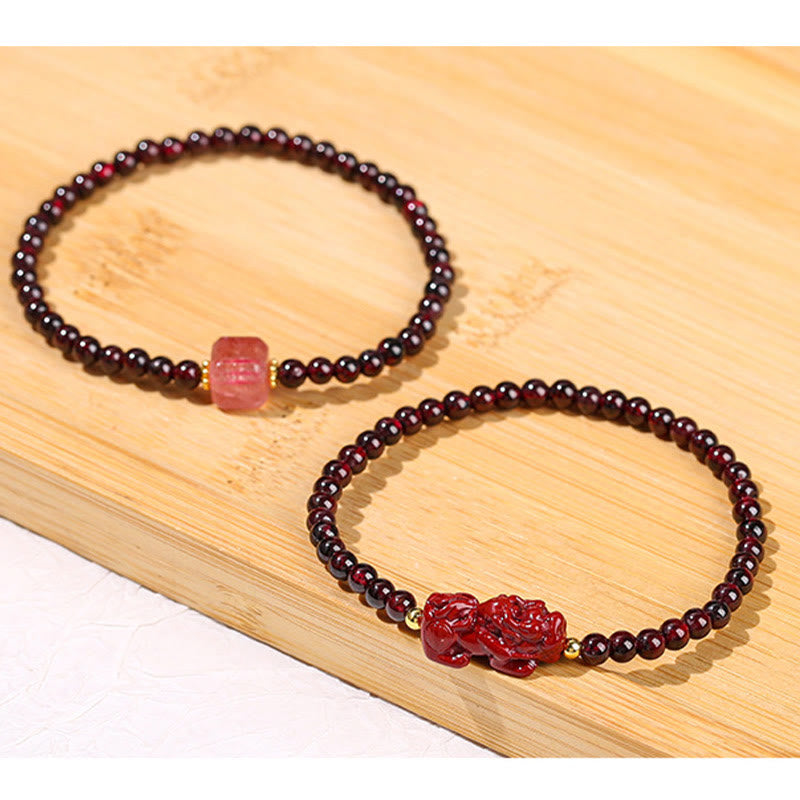Bransoletka ochronna z Buddha Stones Granat Cynober PiXiu Kwarc truskawkowy Kwadratowe koraliki