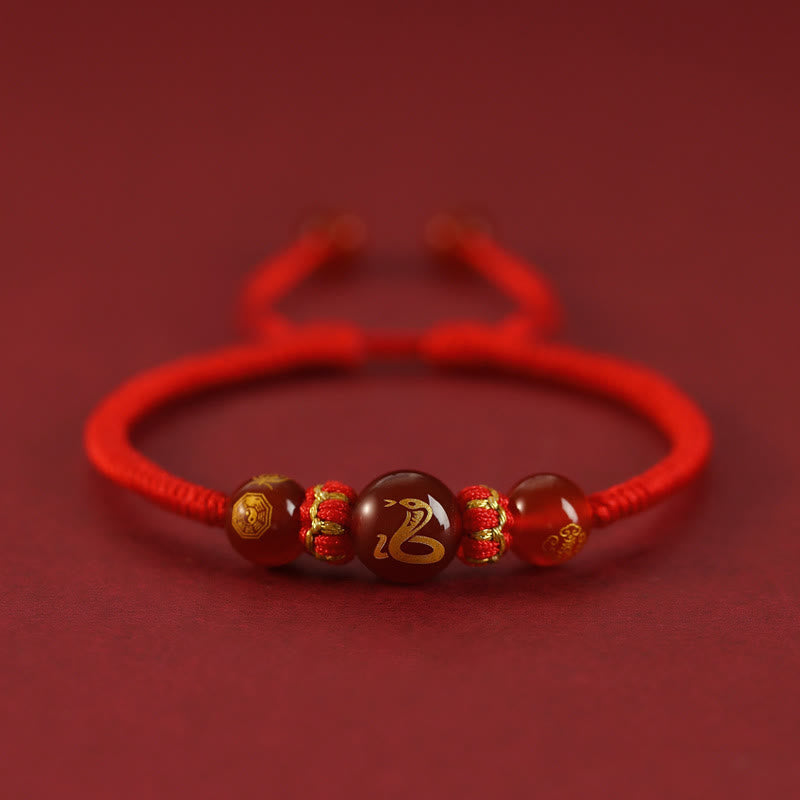 Bransoletka ochronna z czerwonego agatu Buddha Stones wykonana ręcznie z chińskiego zodiaku, czerwony sznurek pleciony - Czerwony Agat Chiński Zodiak-Wąż - image 0