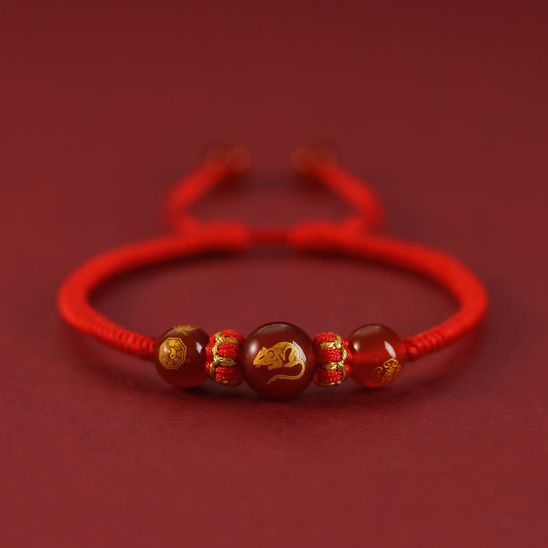 Bransoletka ochronna z czerwonego agatu Buddha Stones wykonana ręcznie z chińskiego zodiaku, czerwony sznurek pleciony - Czerwony Agat Chiński Zodiak-Szczur - image 1