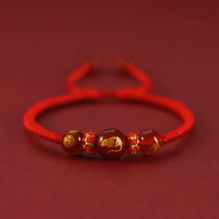 Bransoletka ochronna z czerwonego agatu Buddha Stones wykonana ręcznie z chińskiego zodiaku, czerwony sznurek pleciony - Czerwony Agat Chiński Zodiak-Szczur - image 1