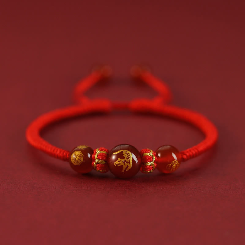 Bransoletka ochronna z czerwonego agatu Buddha Stones wykonana ręcznie z chińskiego zodiaku, czerwony sznurek pleciony - Czerwony Agat Chiński Zodiak-Tygrys - image 3