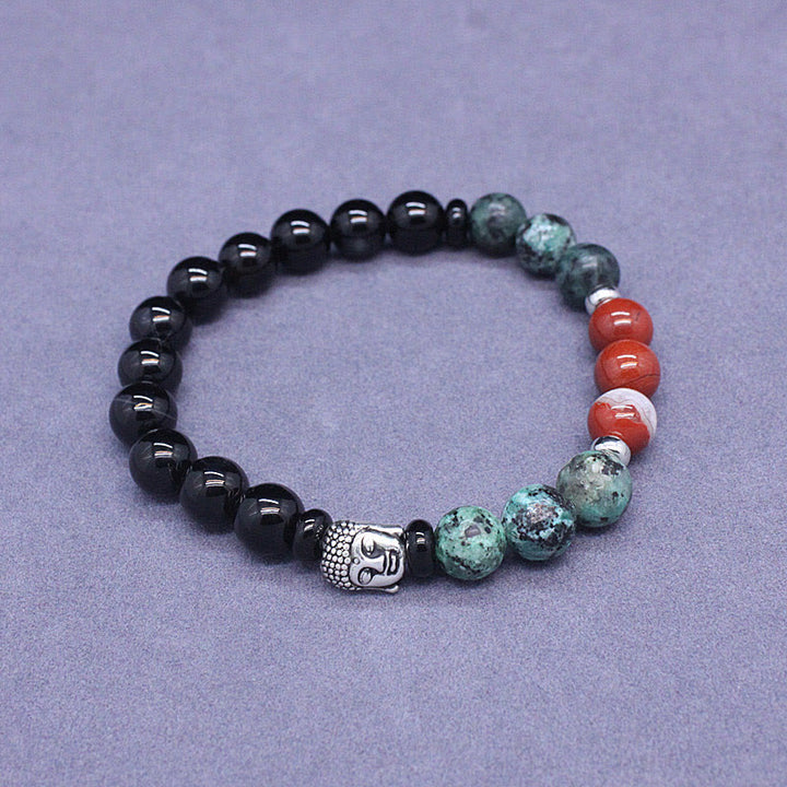 Buddha Stones Naturalny Czarny Onyks Biały Kamień Zielony Awenturyn Tygrysie Oko Agat Mieszany Kolor Bransoletka Ochronna Głowy Buddy