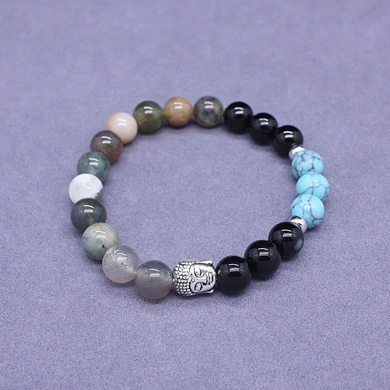 Buddha Stones Naturalny Czarny Onyks Biały Kamień Zielony Awenturyn Tygrysie Oko Agat Mieszany Kolor Bransoletka Ochronna Głowy Buddy
